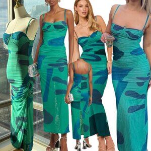 sir breeze striped ruched mesh midi dress SIR Breeze striped ruched mesh midi dress SIR